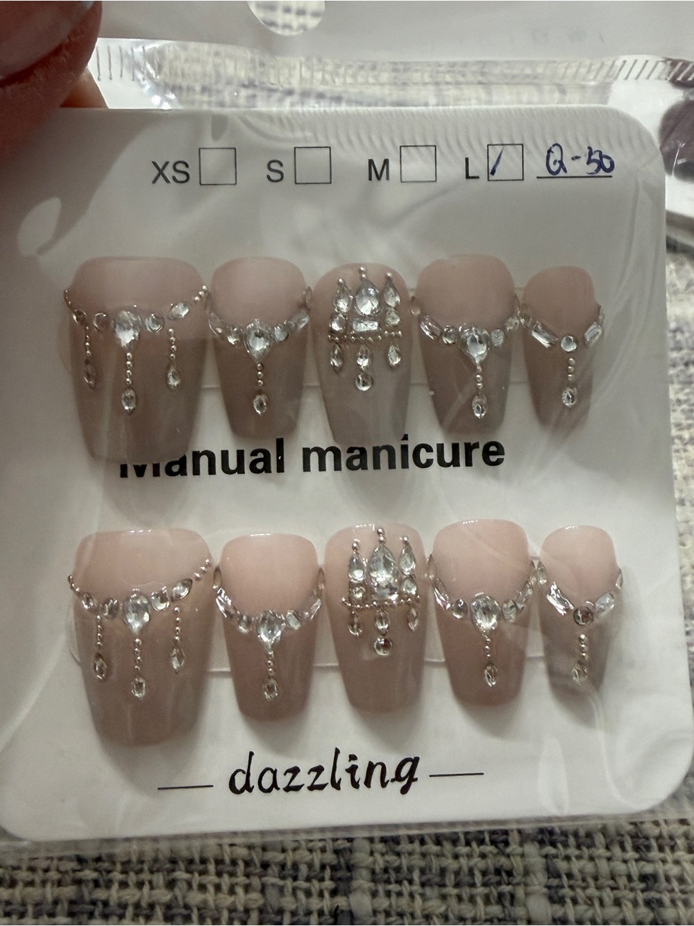 Dazzling Nude Gemstone Press-On Nails - Elegant Beige with Rhinestones